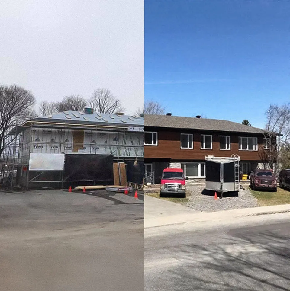 Ajout d’un étage résidentiel — comparatif pendant et après des travaux de rénovation extérieure.